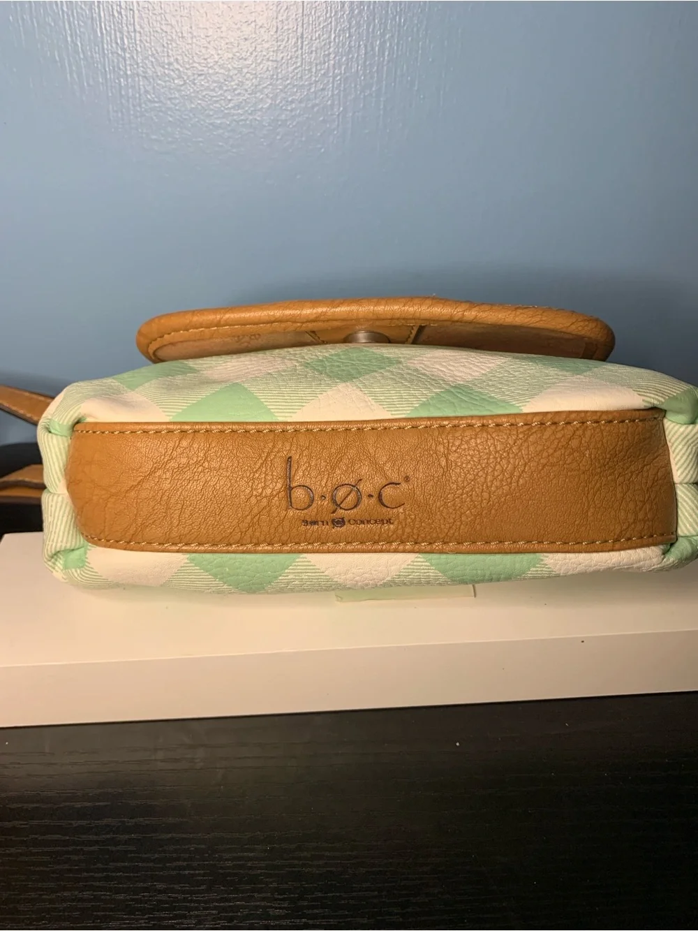 b.o.c. Mint and Cream Check Crossbody with Tan Trim and Strap